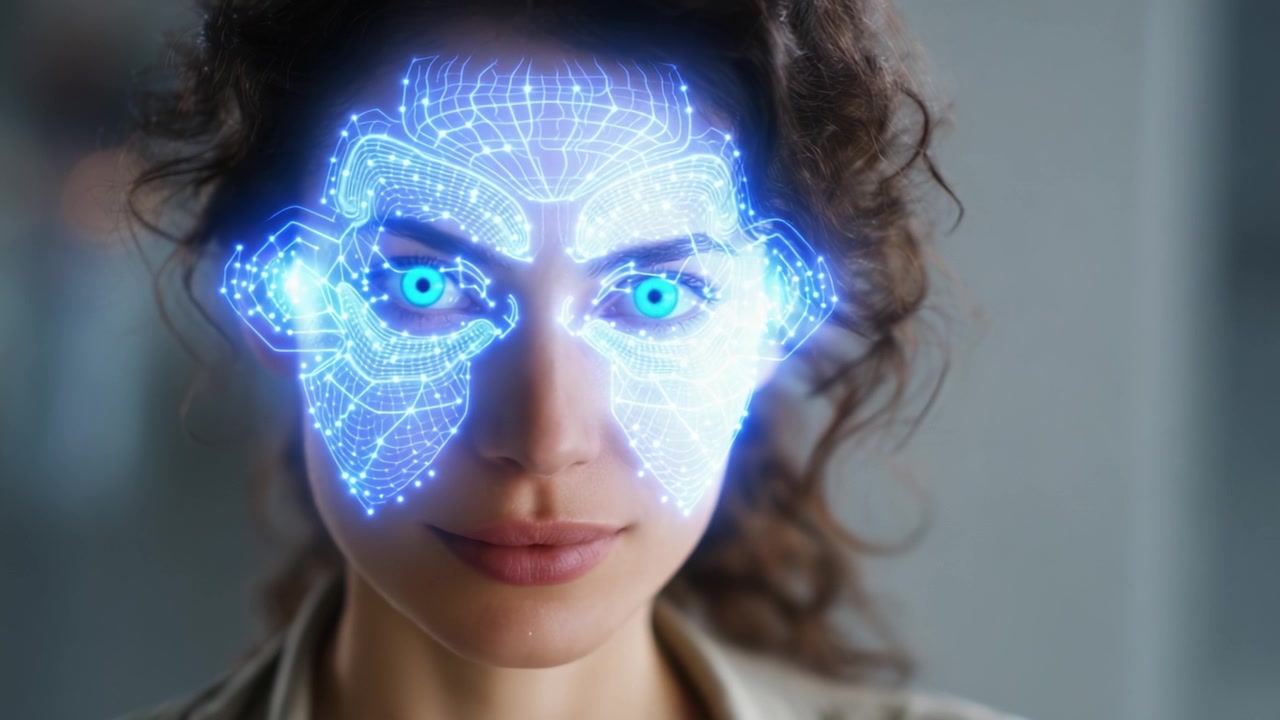 Una trasformazione digitale che mostra una donna elegante con un display facciale luminoso e high-tech, che evolve il suo aspetto da realistico a futuristico in due fotogrammi.