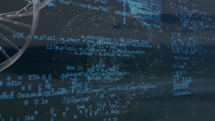 Digital DNA Helix and Data Code Overlay