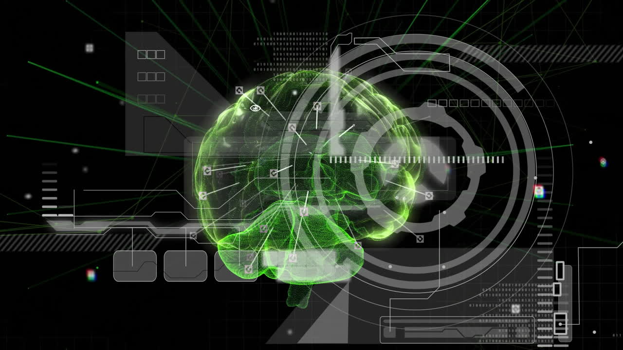 Animation of digital brain interface with green holographic elements in school setting