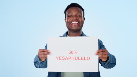 Discount,-poster-and-face-of-happy-black-man