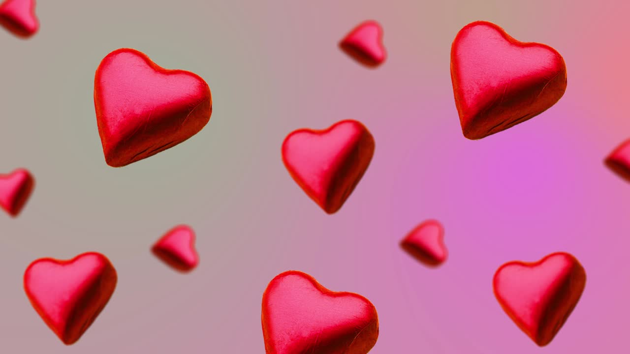 летящая шоколадная конфета в форме сердца летящая и качающаяся разных диаметров на трендном розовом градиенте фона. концепция дня святого валентина, свадьбы, дня рождения и других праздников