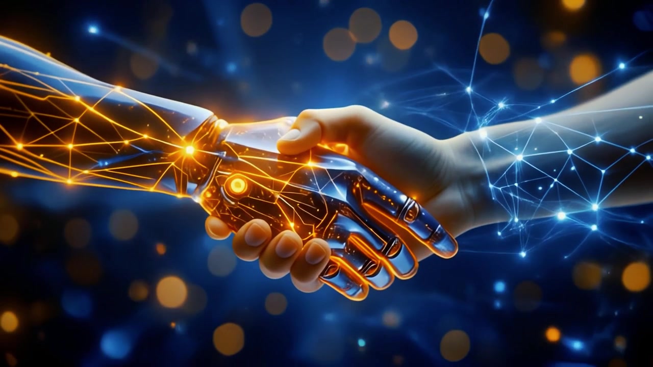 Mani Umane e Robotiche che si Stringono nello Spazio Digitale