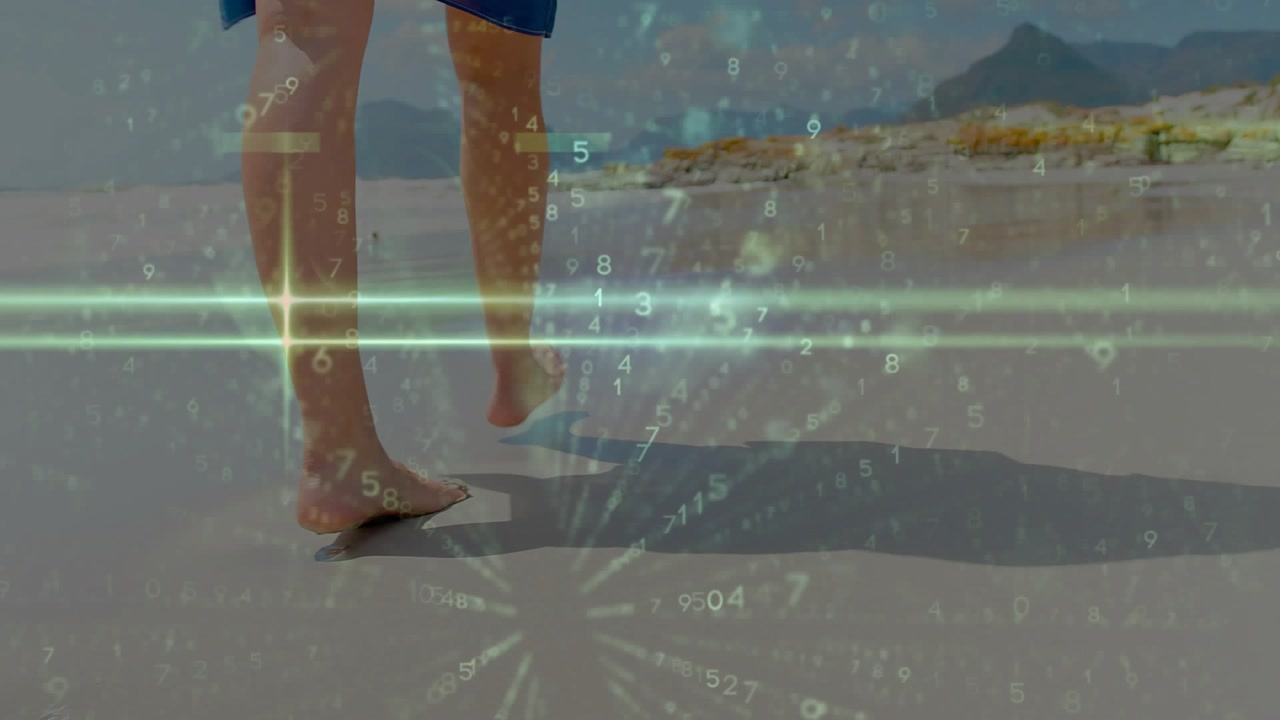 Man placing right foot shifting weight walking to horizon numbers green bands drifting over legs IT