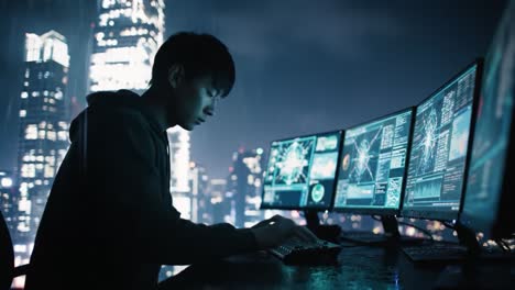 focused on data analysis, a young individual engages with multiple monitors against a backdrop of a rainy city skyline at night