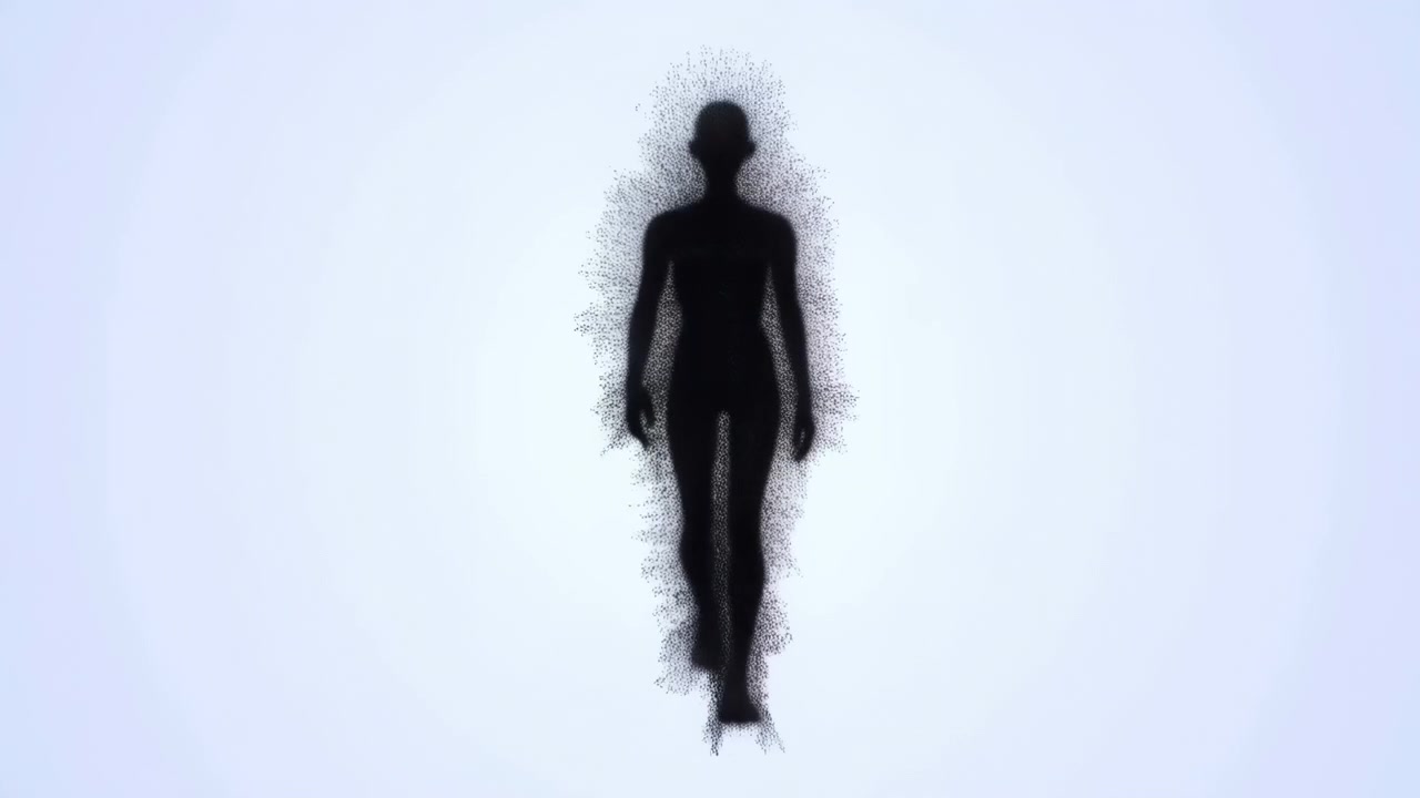 Floating Particle Silhouette Human Ascending In Luminous Haze, Digital Swarm Coalesces Into Dark Figure, Slow