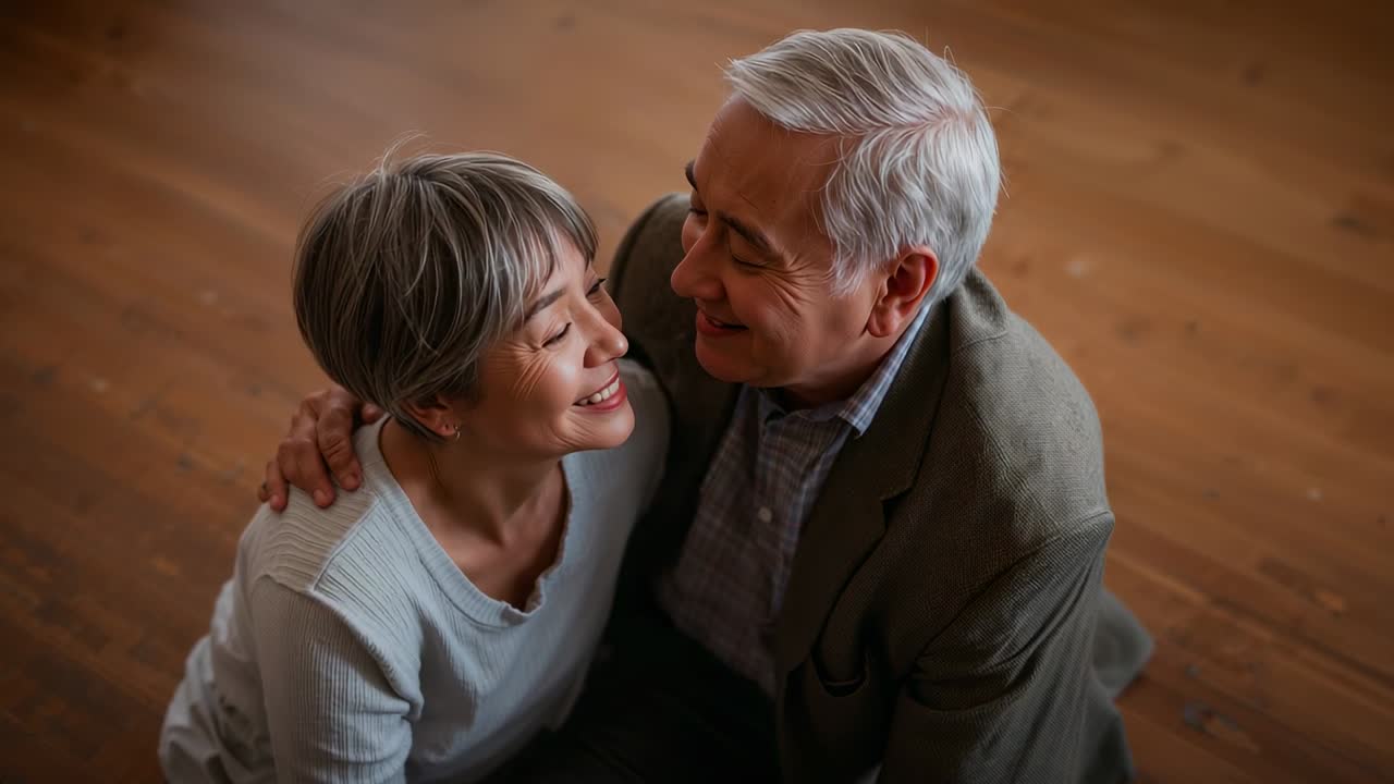 Smiling couple leaning on hardwood floor under overhead cam, woman's hand on blazer sharing warmth