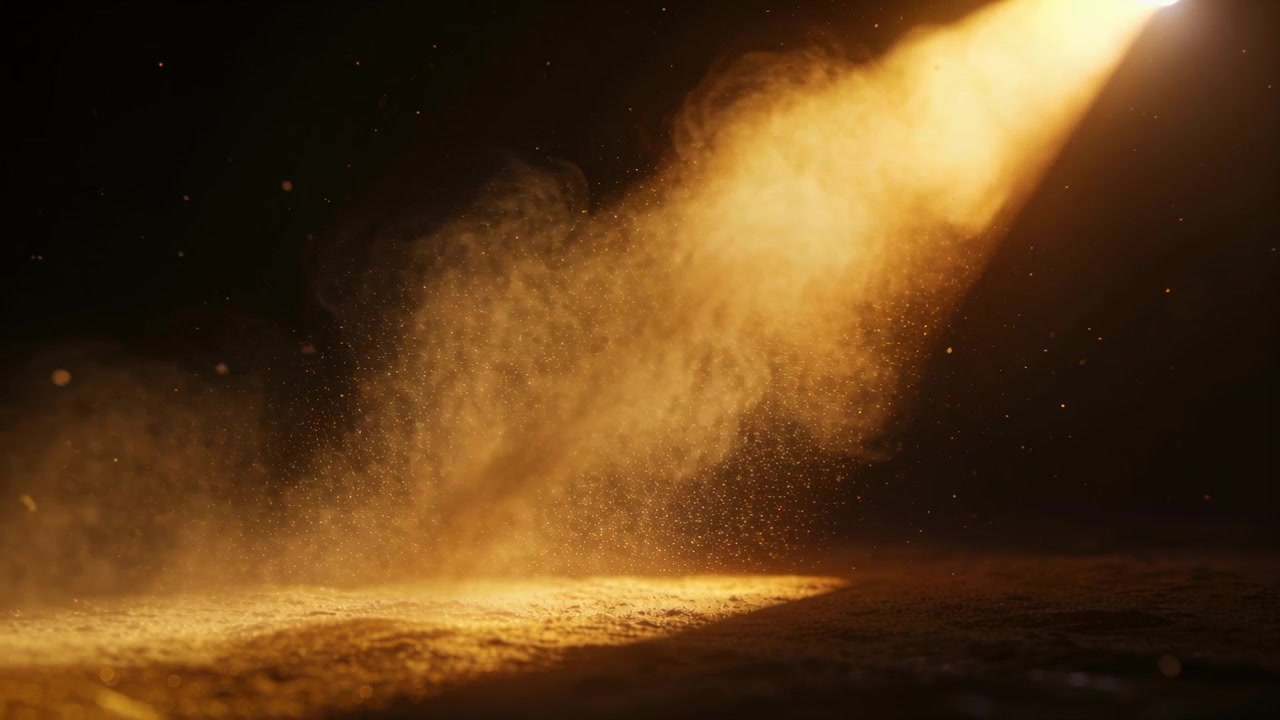 Una raffica solleva polvere fine, un pennacchio luminoso si arriccia verso l'alto su un pavimento scuro di uno studio, con un raggio che illumina le particelle.
