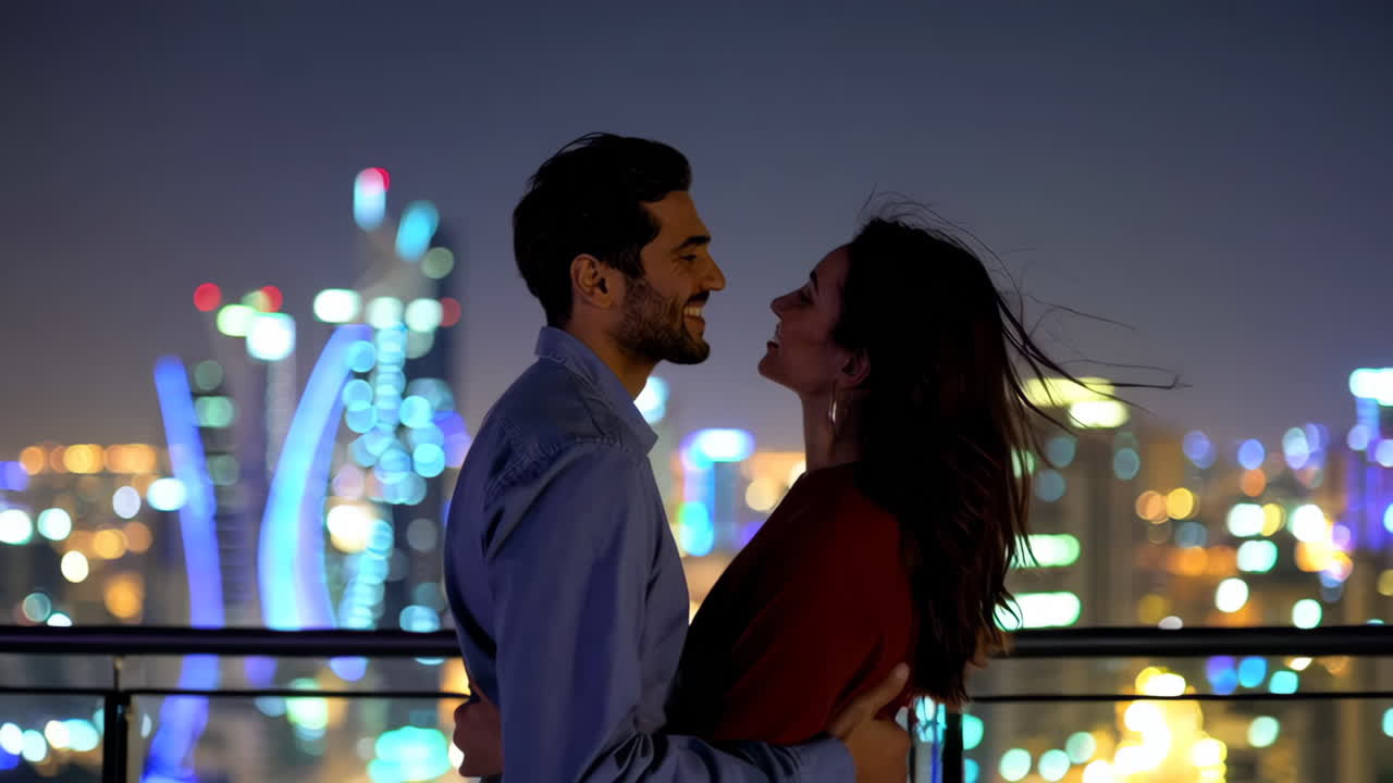 Couple enjoying the night view from a rooftop