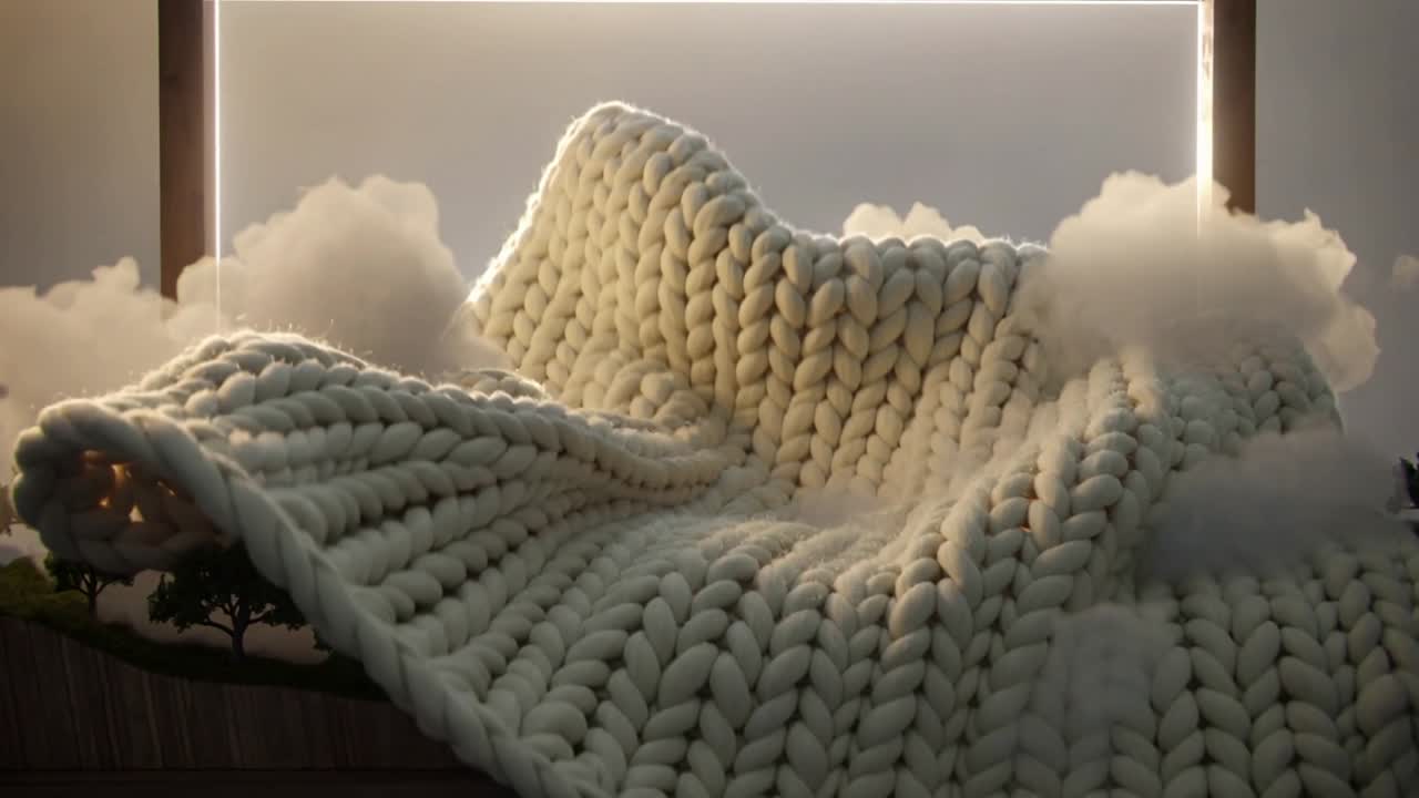 Coperta in maglia color crema che scende e si arriccia su un mini diorama in una cornice di legno, riempiendo le colline di nuvole.