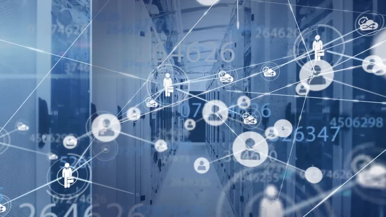 Animation of network of connections with icons and data processing over server room