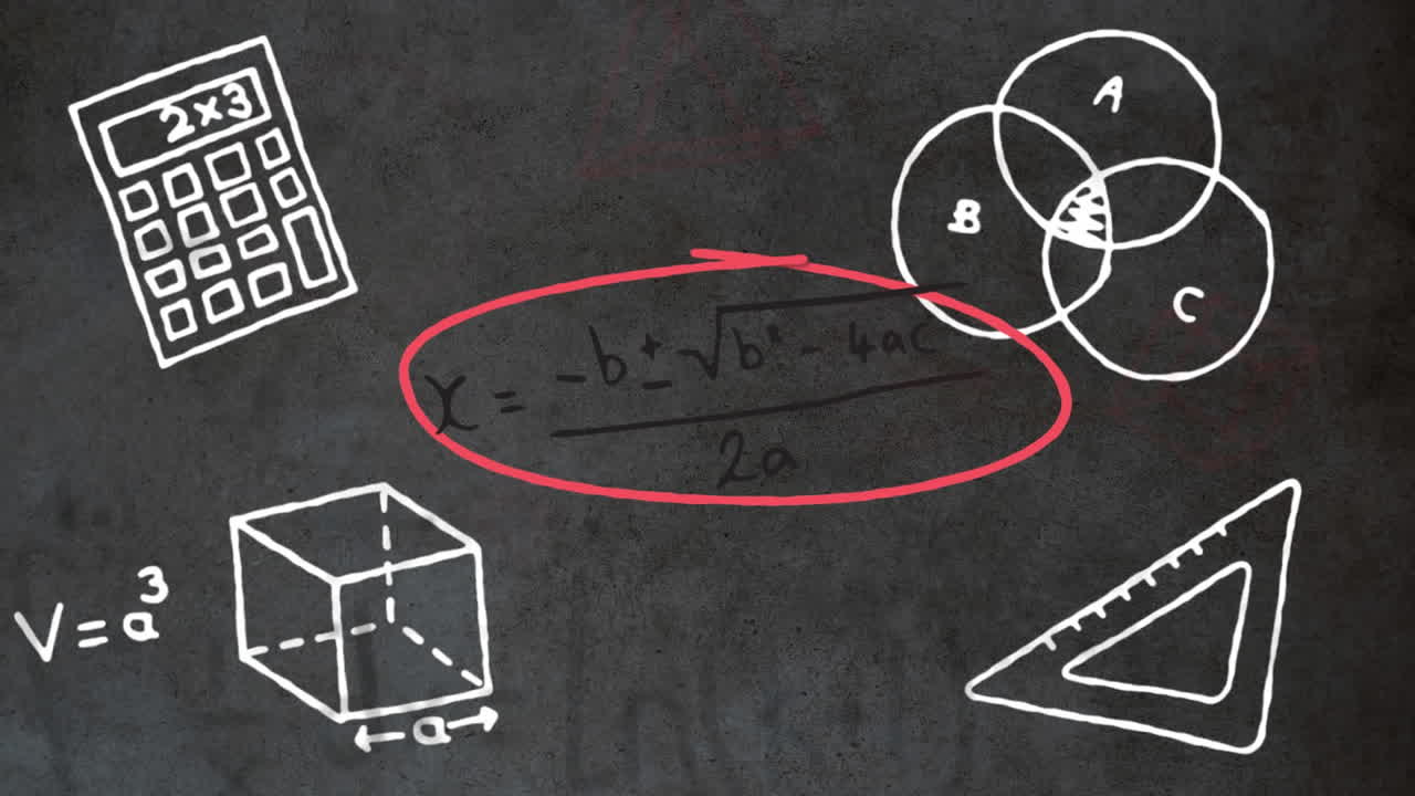 animación de dibujos matemáticos y fórmulas sobre luces sobre un fondo oscuro