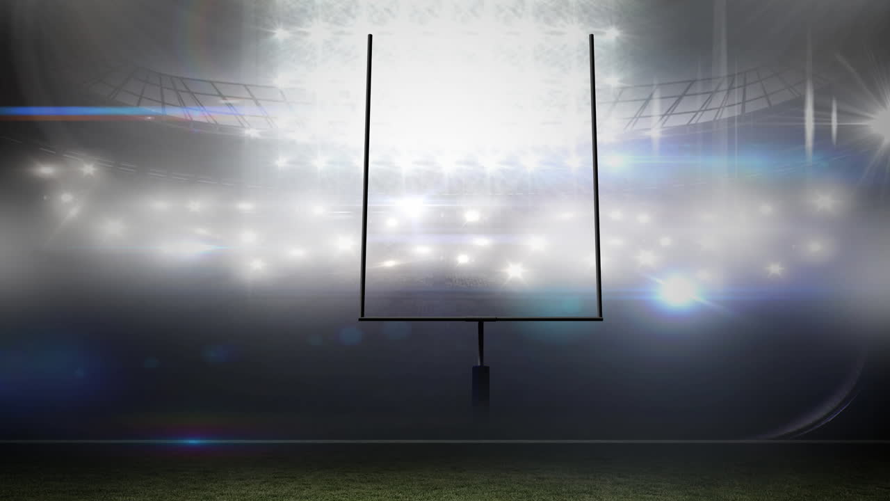 Animation of american football goalposts and cloudy sky at floodlit stadium