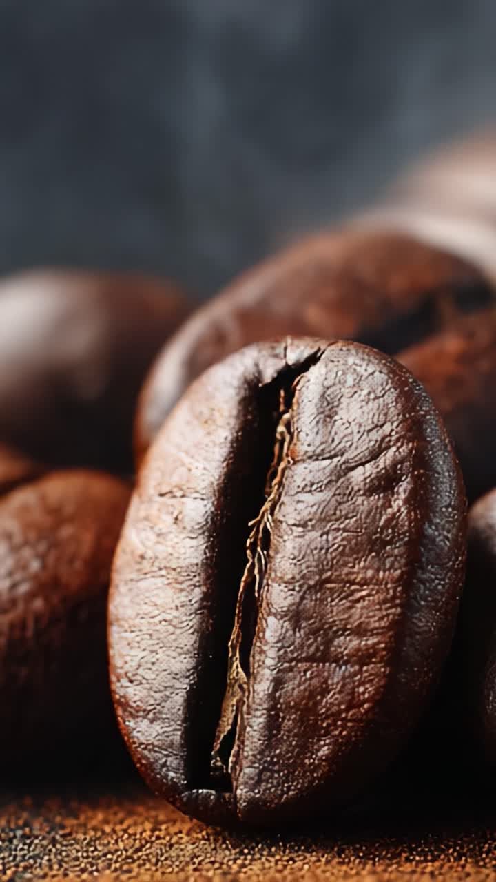 En nærbillede-udforskning af kaffebønner: En rejse gennem deres rige tekstur, aroma og essens fanget i to billeder, der afslører deres forførende tiltrækningskraft