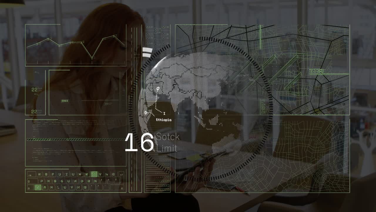 Woman tapping tablet and launching business HUD, globe sweeping values, HUD fading revealing her