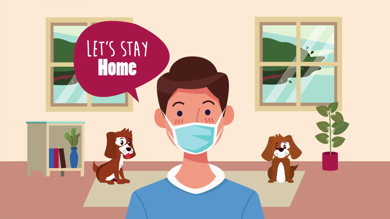 얼굴 마스크를 착용하는 사람과 함께 집에 머무르기 캠페인