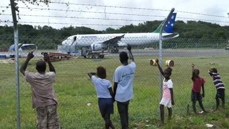 solomon airlines- intenational inaugural flight to munda. local people welcome the first direct (test) flight from brisbane.munda - solomon islands - 23th of april 2019