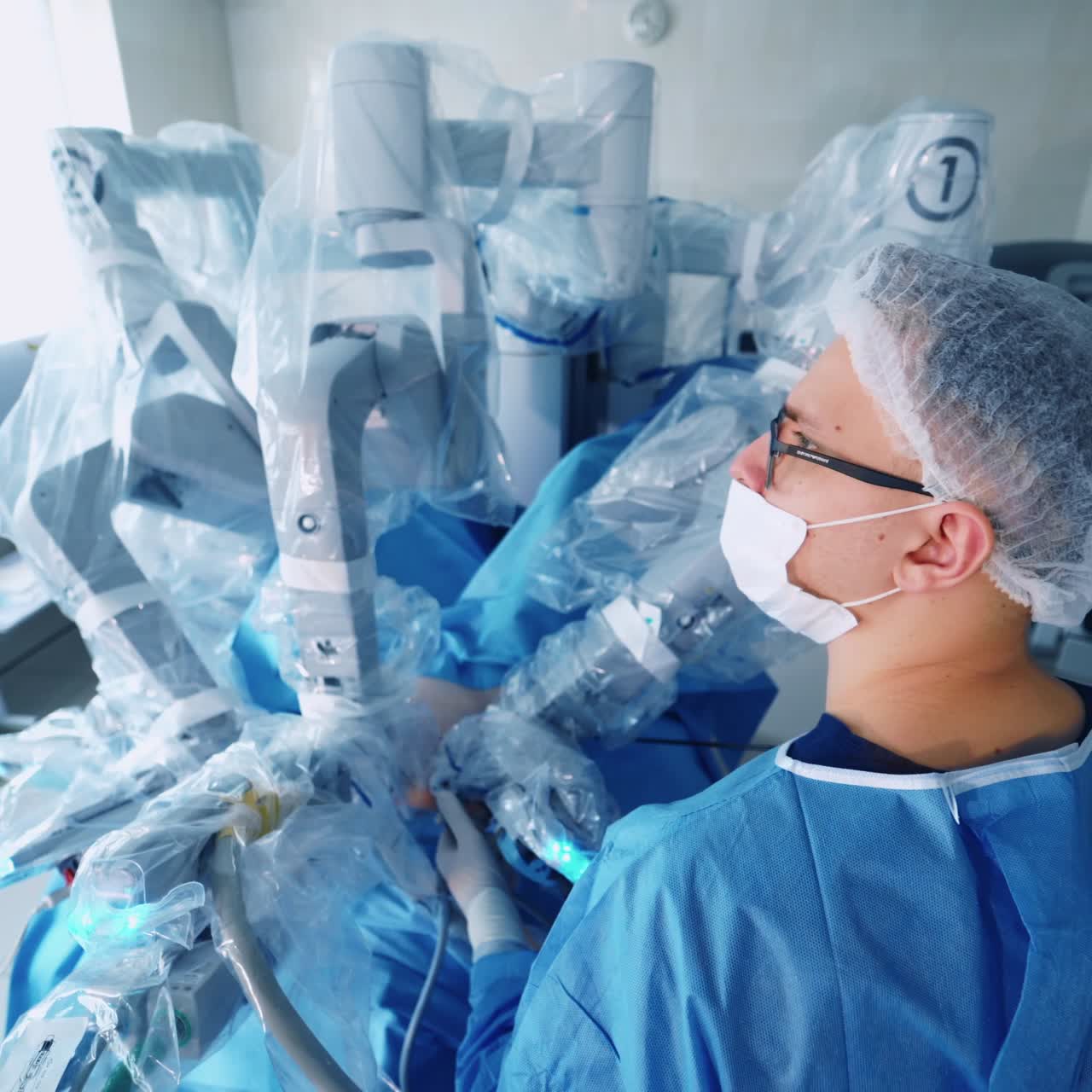 Surgery in the operating robotic technology. Modern equipment in operating room.