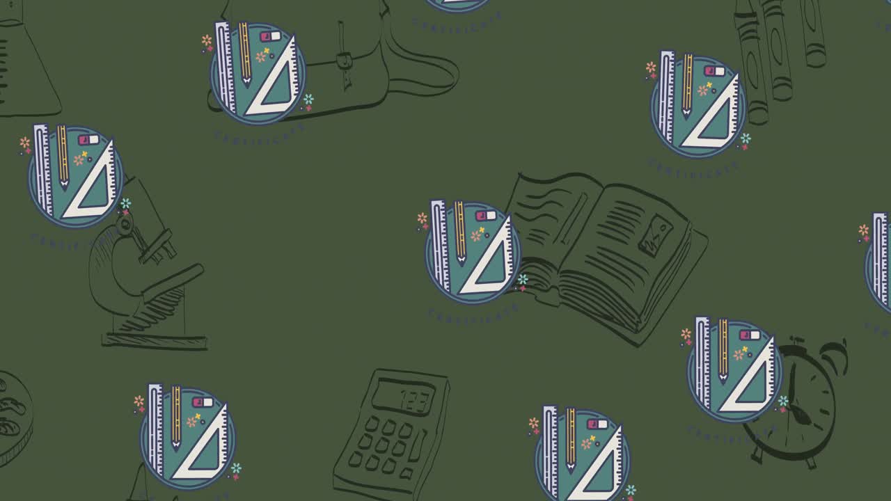 Animation of repeated geometry sets moving over green with school equipment drawn in black