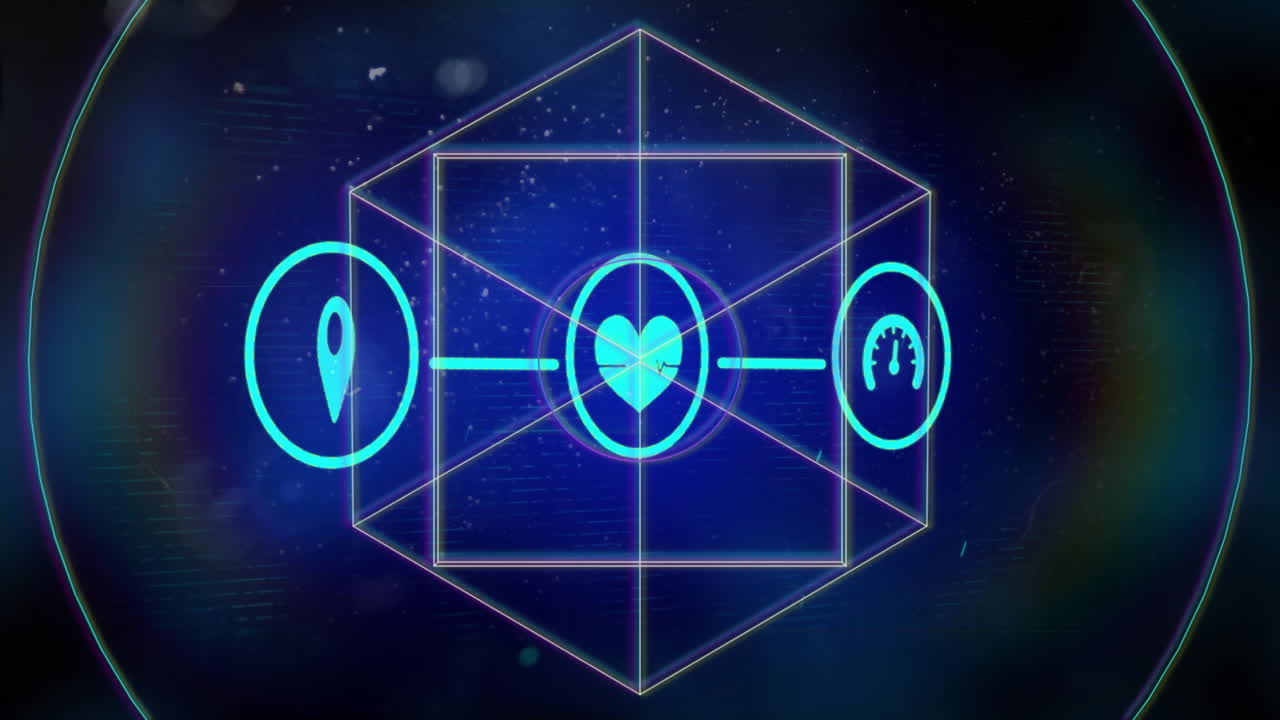 검은색 배경에서 아이콘 네트워크와 데이터 처리의 애니메이션