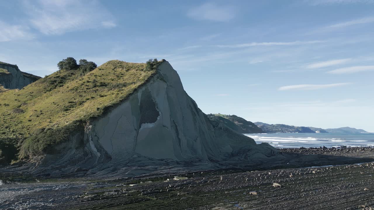 Upea ilmakuva kuuluisista Flysch-kivimuodostelmista Sakonetan rannalla Zumaiassa, paljastaen sedimenttikivikerroksia pitkin Baskimaan viehättävää rannikkoa Espanjassa.