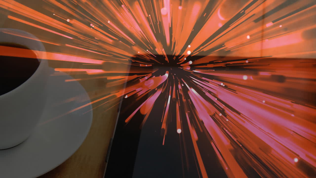 White ceramic coffee cup and tablet showing streaming data burst on wooden desk, in 3D render