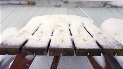 Nahaufnahme-Von-Vögeln,-Die-Samen-Vom-Holztisch-Fressen,-Die-Mit-Schnee-Bedeckt-Sind