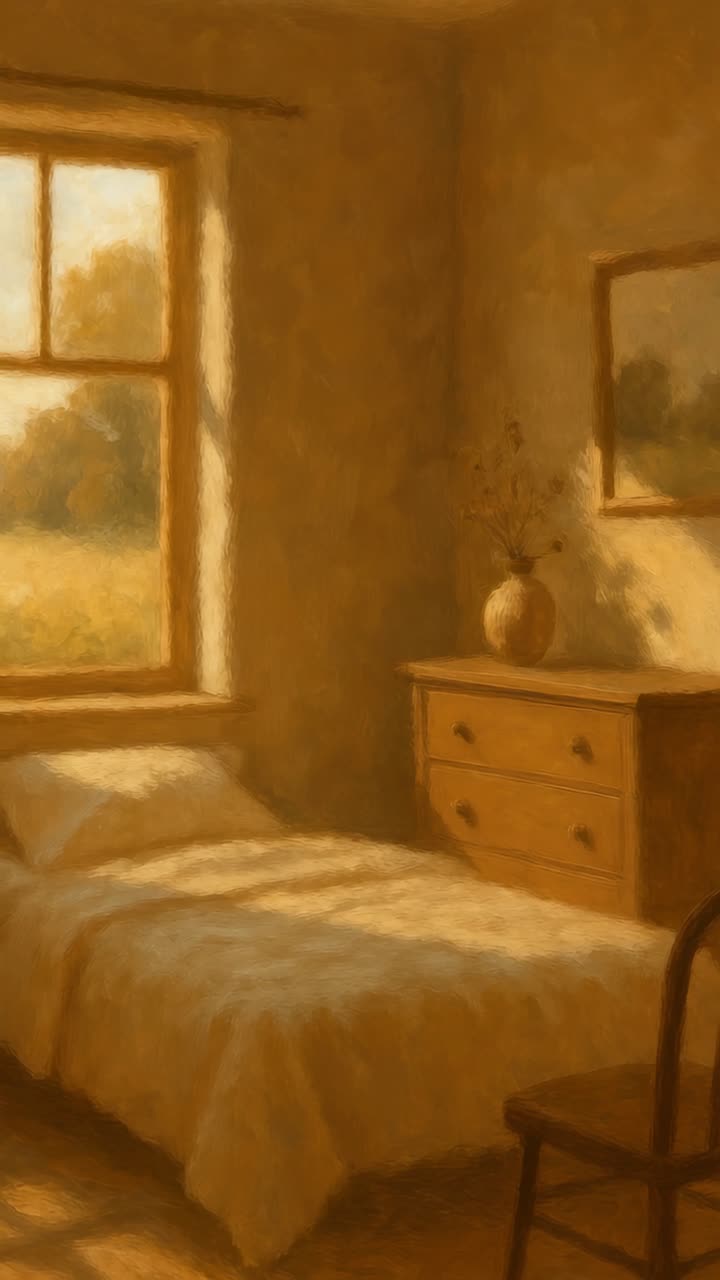 Scena di camera da letto calda, in stile vintage, con illuminazione soffusa.