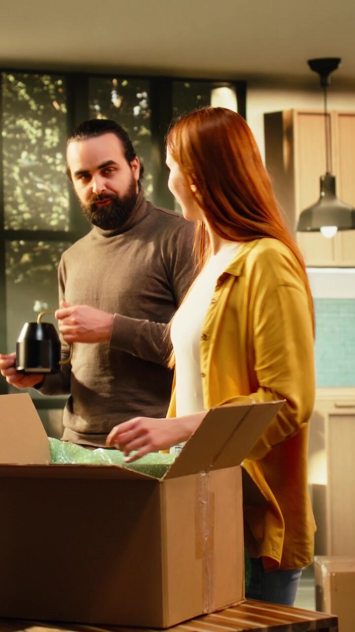 Vertical Video Happy couple unpacking wrapped belongings inside new house