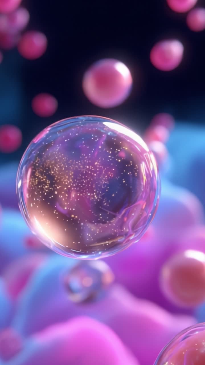 Particelle scintillanti all'interno di una bolla trasparente che fluttua nello spazio astratto