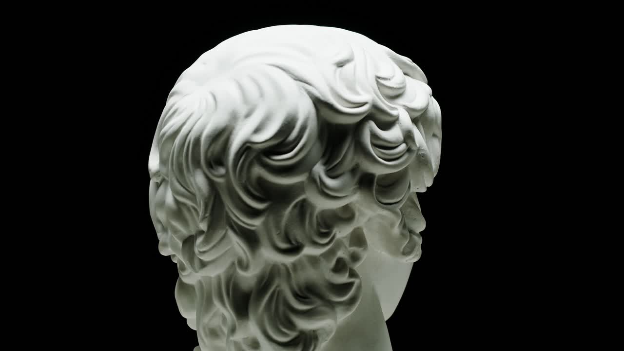 Busto in gesso rotante di una testa maschile classica.