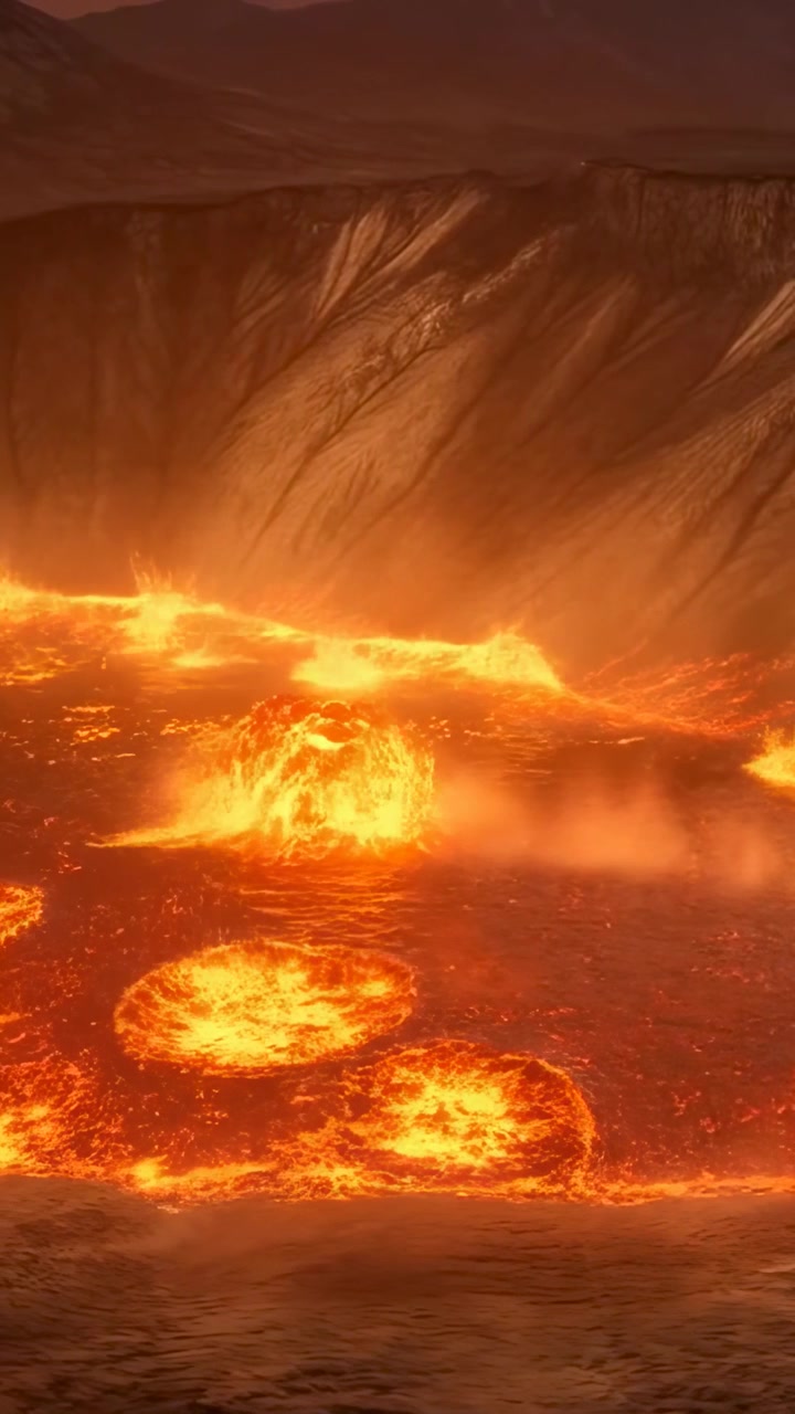 Video verticale: Un lago di lava bollente emette getti e vapore nella caldera, con punti caldi che crescono dal magma.