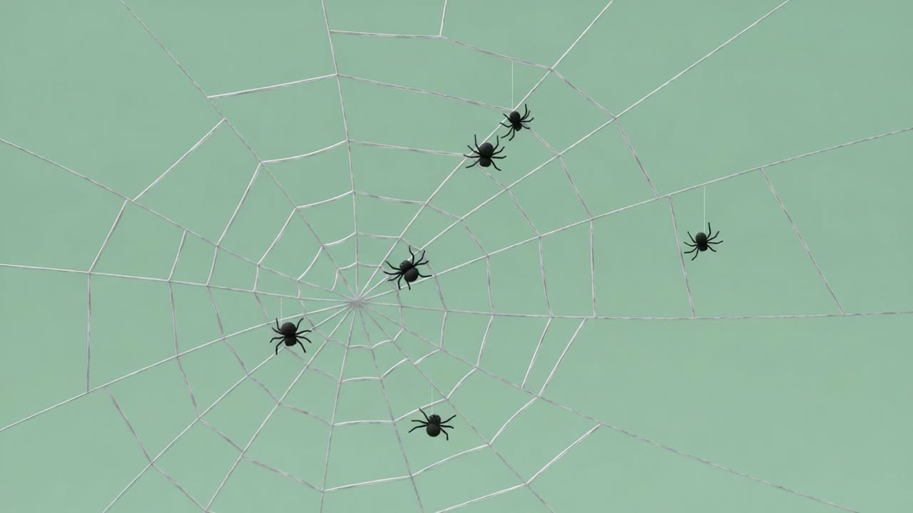 An Intricate Web: Multiple Spiders Captured Amidst Their Elaborate Silk Constructs in a Serene Green Background Showcasing Nature's Craftsmanship