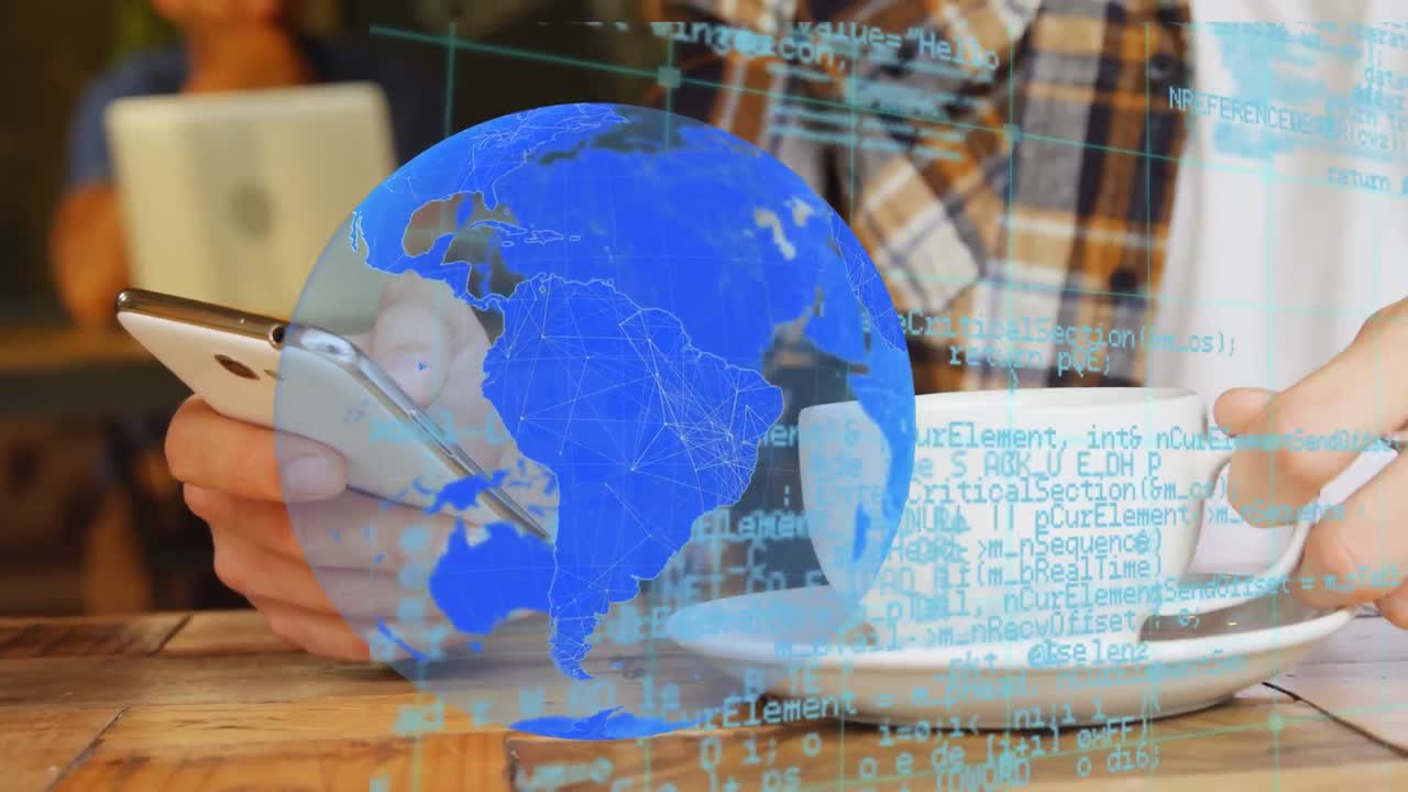 animación del globo y procesamiento de datos sobre el hombre usando teléfono inteligente
