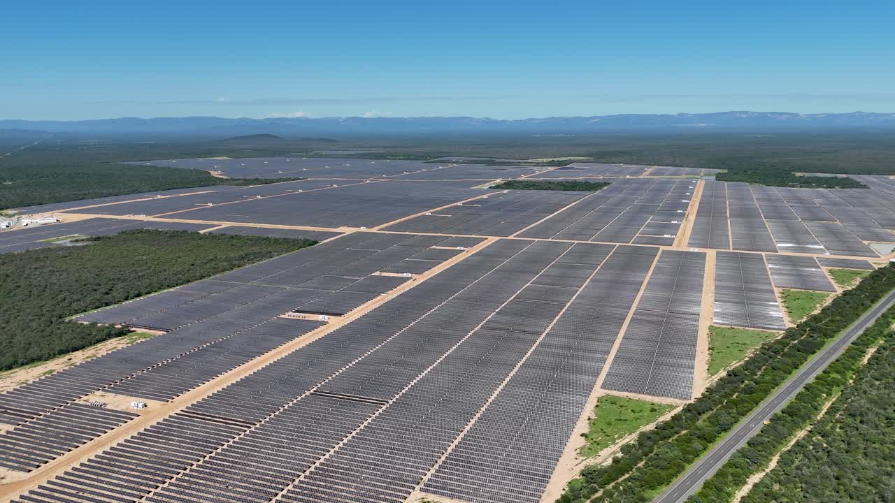 Drone video of photovoltaic panels for capturing solar energy - UFV Usina Fotovoltaica Sol do Sertão, Brazil