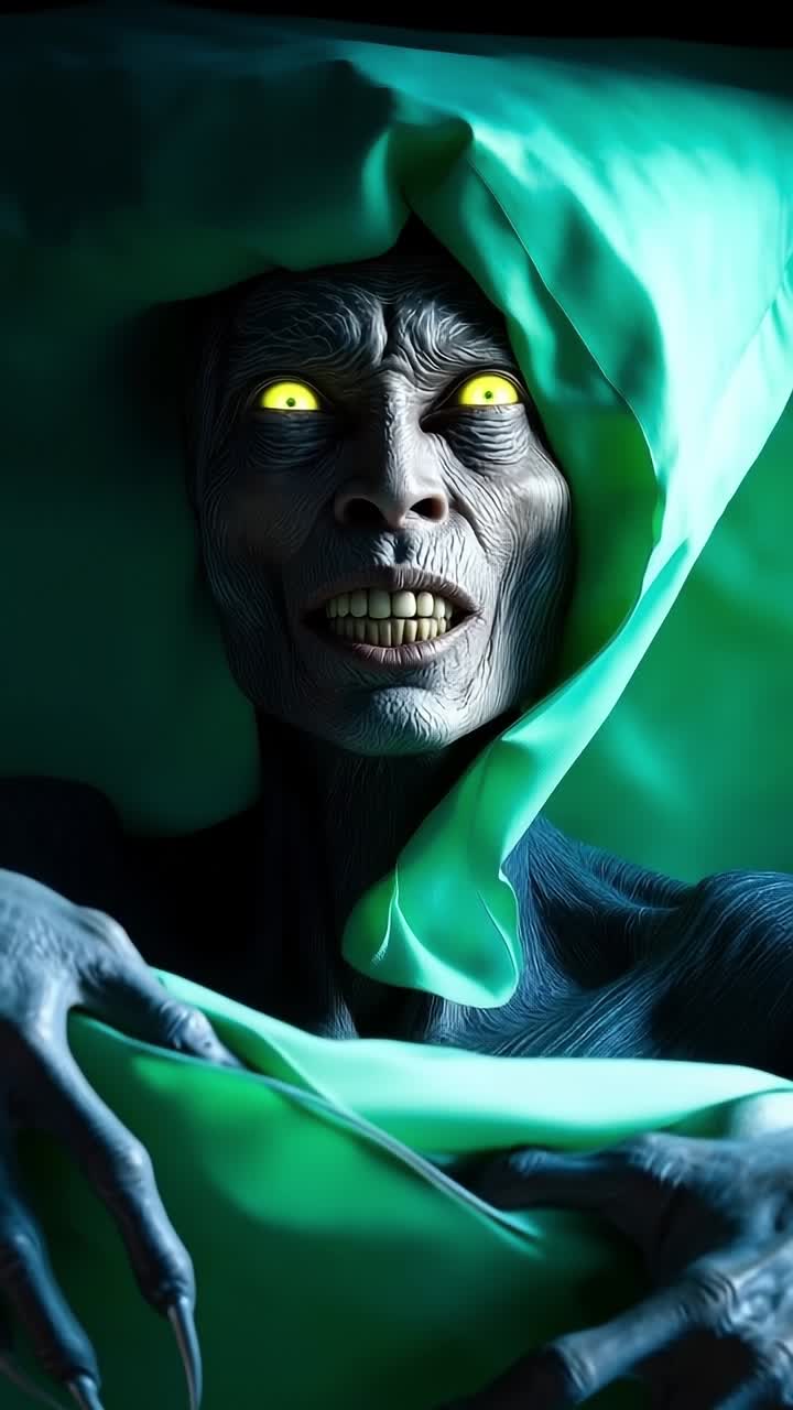 A close up of a person hiding under a green blanket