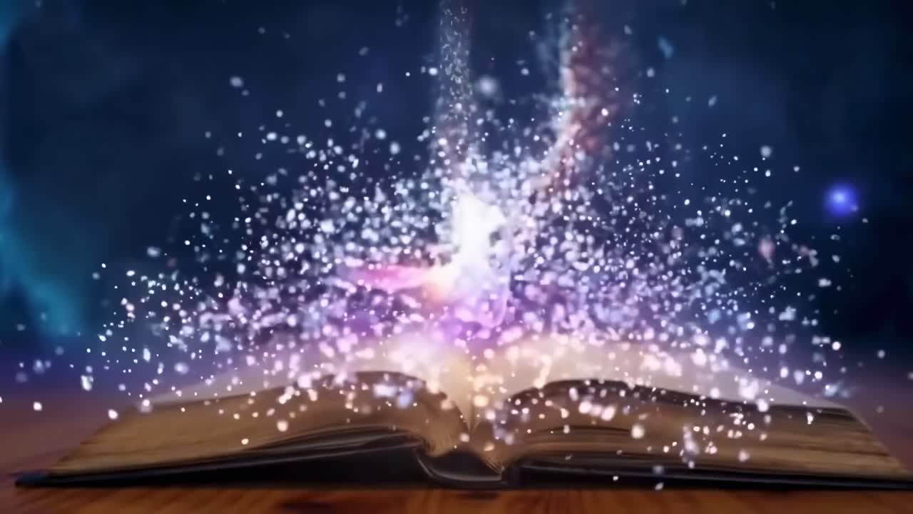 Un libro magico aperto con particelle luminose che si innalzano, ripreso dal basso, in stile video fantasy
