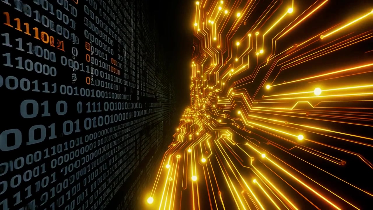 Digital Circuit Board with Glowing Lines and Binary Code Data