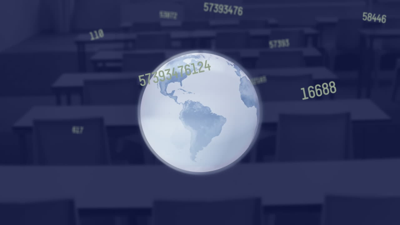 composición digital de números cambiantes sobre un globo giratorio contra una clase vacía