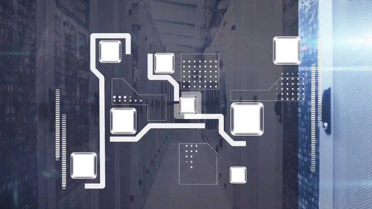 Animation of moving shapes over server room