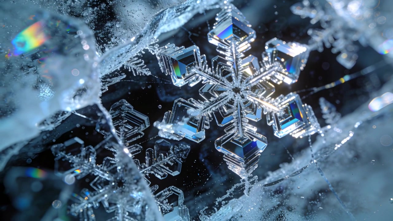 Telecamera in movimento che si avvicina a un fiocco di neve esagonale su ghiaccio crepato, con luce intensa, rivelando le sfaccettature.