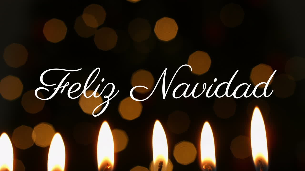 Feliz Navidad text over glowing candles and festive lights animation