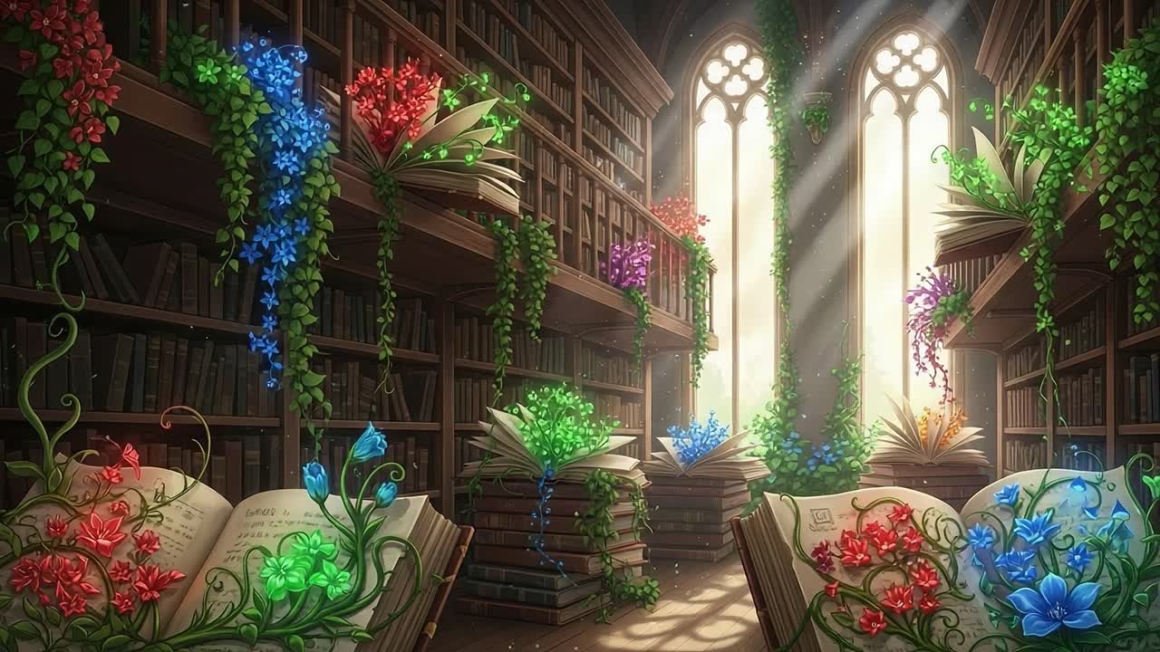 Enchanting Bookshelf: A Serene Library Filled with Blossoming Flora and Sunlight Streaming Through Stained Glass Windows, Creating a Magical Atmosphere of Knowledge and Nature