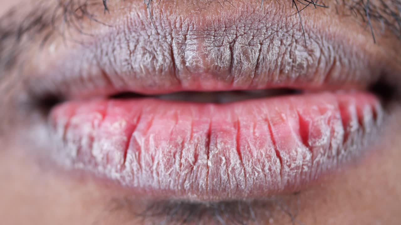 primer plano de labios severamente agrietados y agrietados