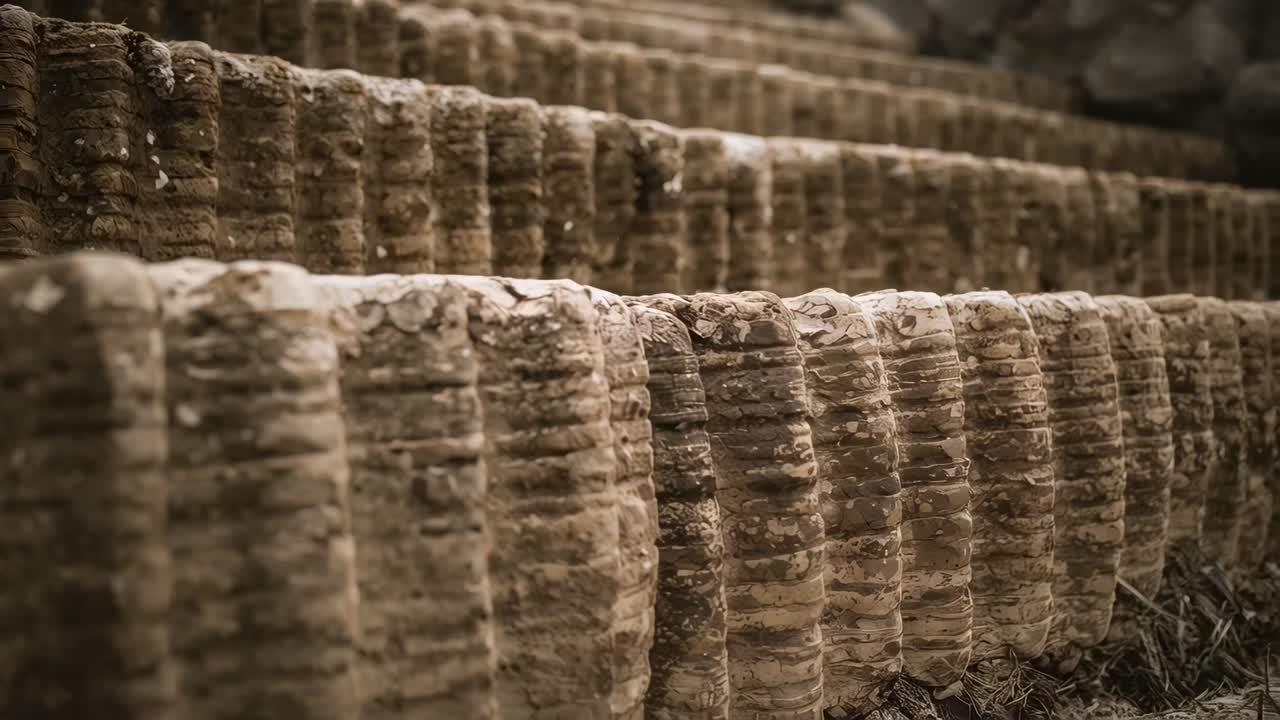 Tracking camera revealing carved stone steps at outdoor terrace, showing compacted dirt and erosion
