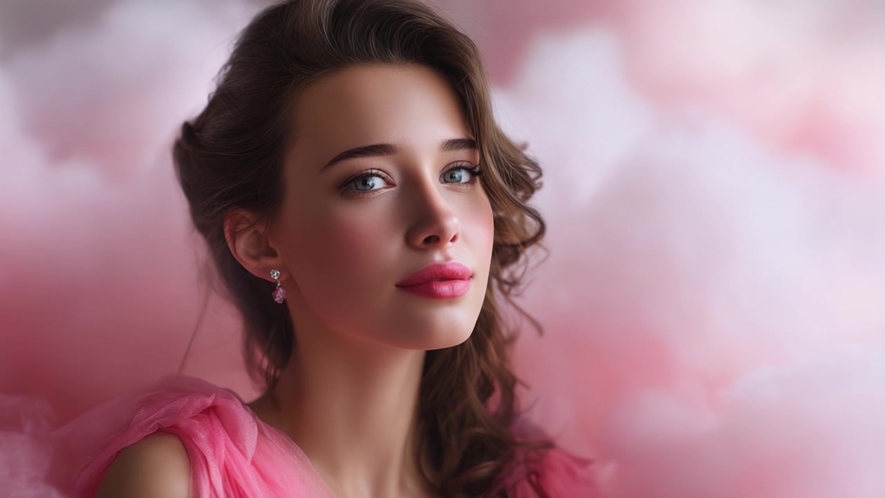 Una giovane donna con pelle impeccabile e capelli eleganti in posa aggraziata su uno sfondo di nuvole rosa tenue, che irradia bellezza e sicurezza in abiti alla moda