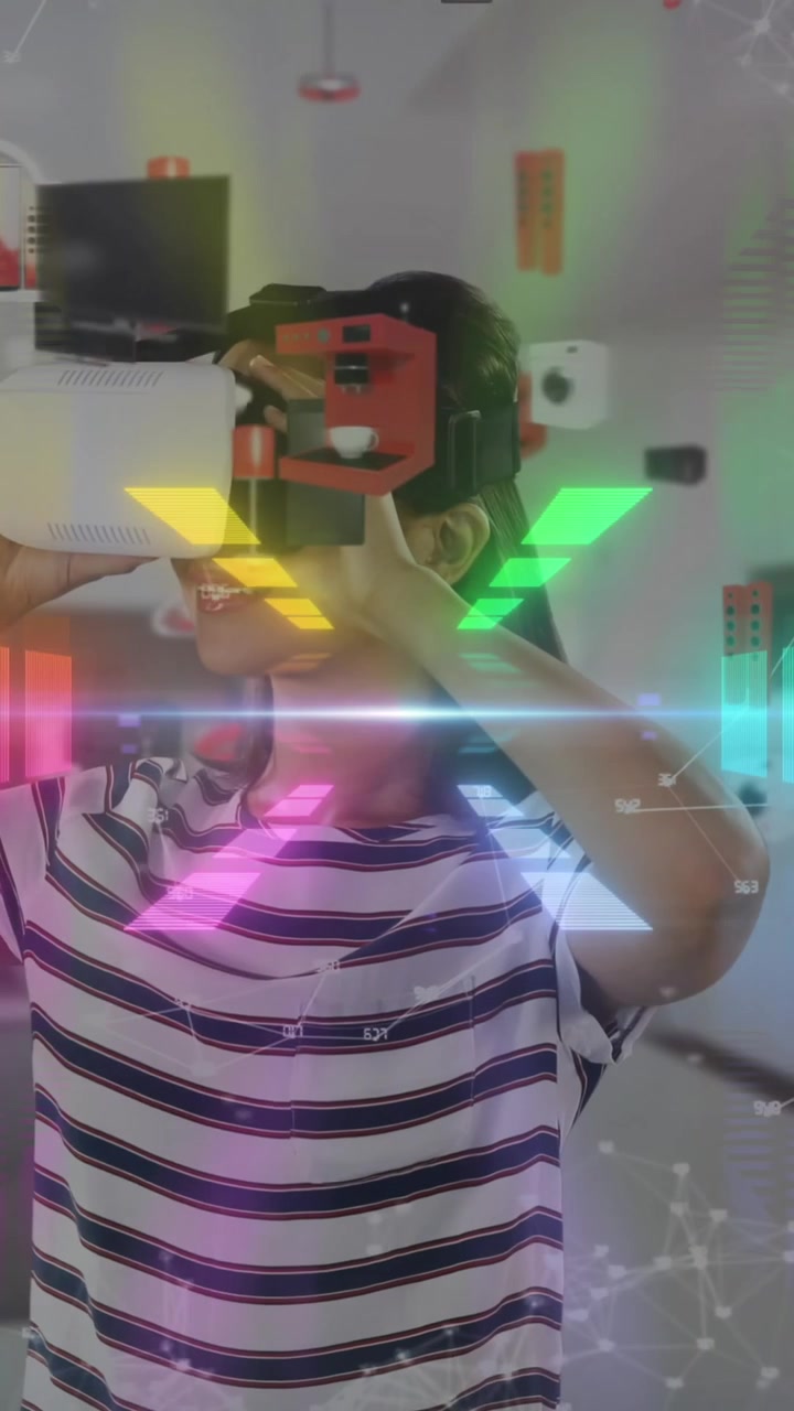 Animazione di una donna che indossa un visore VR su uno sfondo al neon vibrante