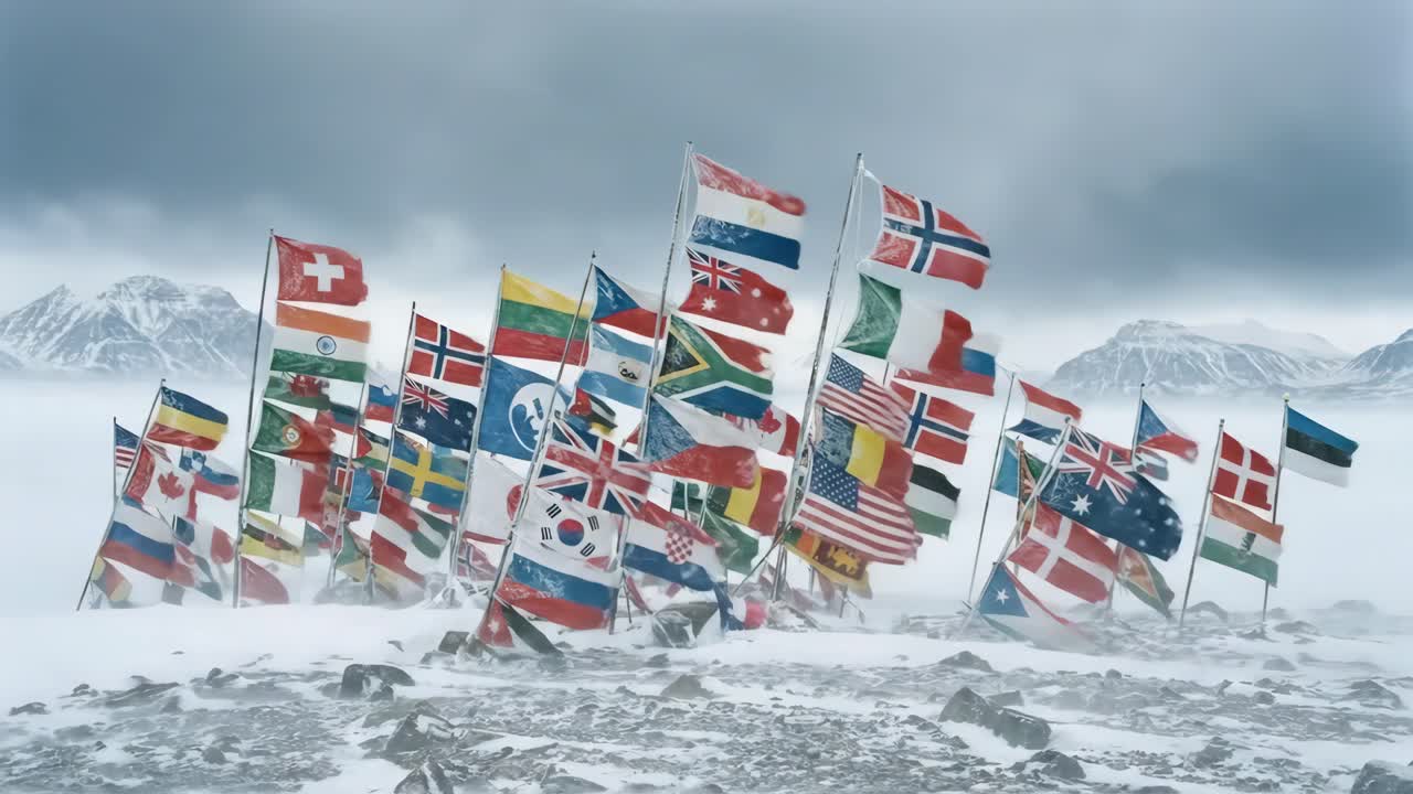 Many National Flags Waving in a Snowy Mountainous Landscape