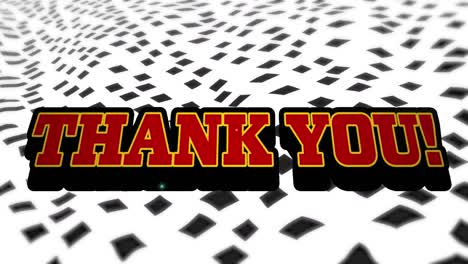 animation of thank you text in red letters with black square pattern waving on white background