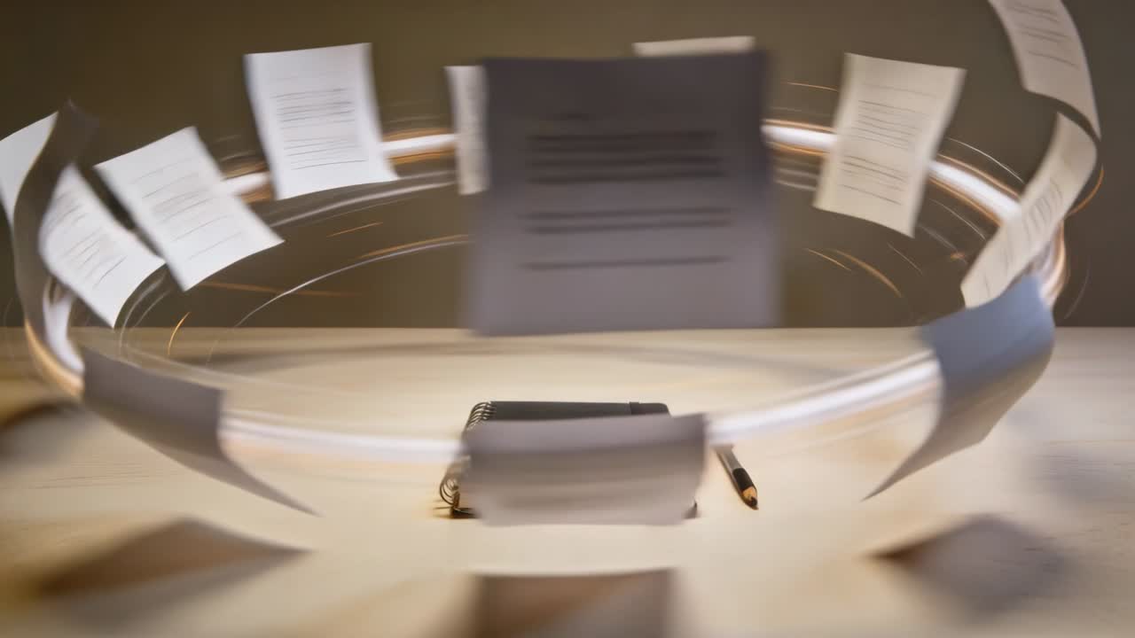 Equipo que comienza a orbitar páginas sueltas alrededor de un cuaderno de espiral sobre una mesa beige creando un efecto borroso, pluma a la derecha