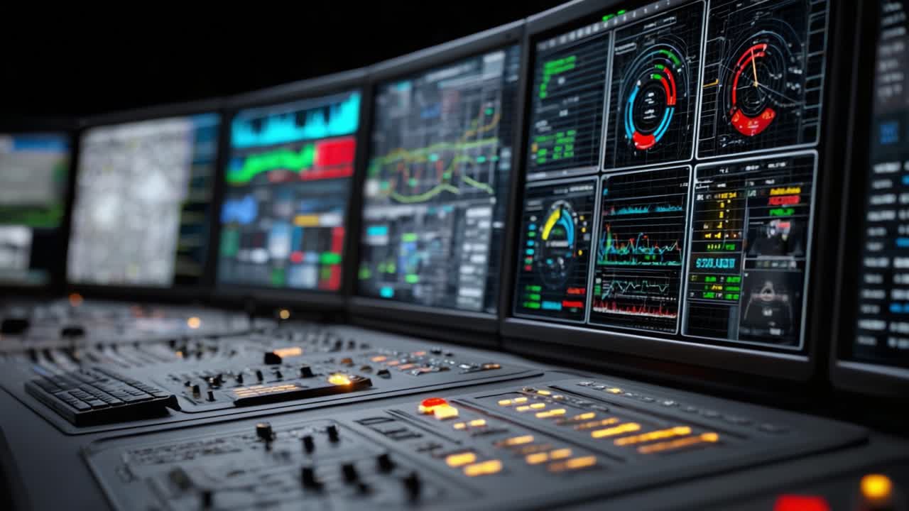 Advanced Digital Control Room with Multiple Screens Displaying Data Trends, Analytics, and System Performance Metrics in a Modern Technological Environment